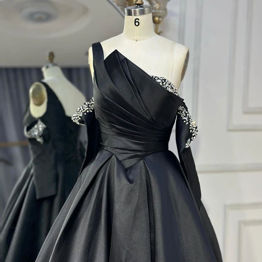 Custom Black One Shoulder Beaded A Line Formal Evening Gown