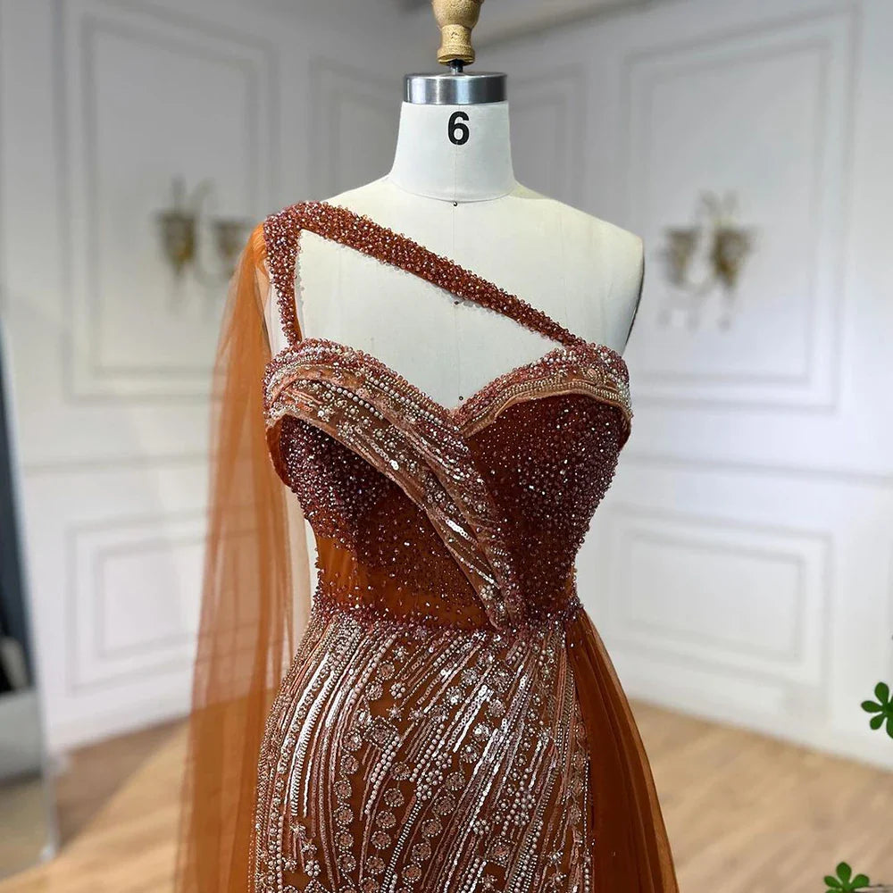 Luxury Green One Shoulder Mermaid Evening Dress with Cape LA72472