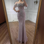 Customized Pink Beaded Off Shoulder Mermaid Evening Dress For Women