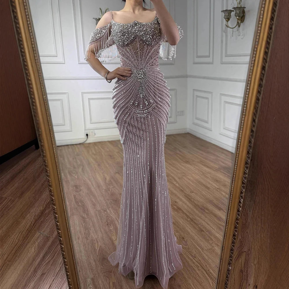 Customized Pink Beaded Off Shoulder Mermaid Evening Dress For Women