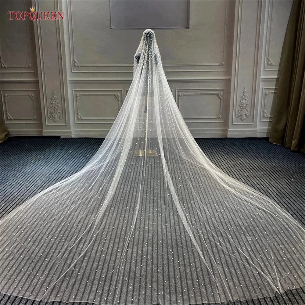 Luxury Pearl Embellished Cathedral Bridal Wedding Veil With Custom Length