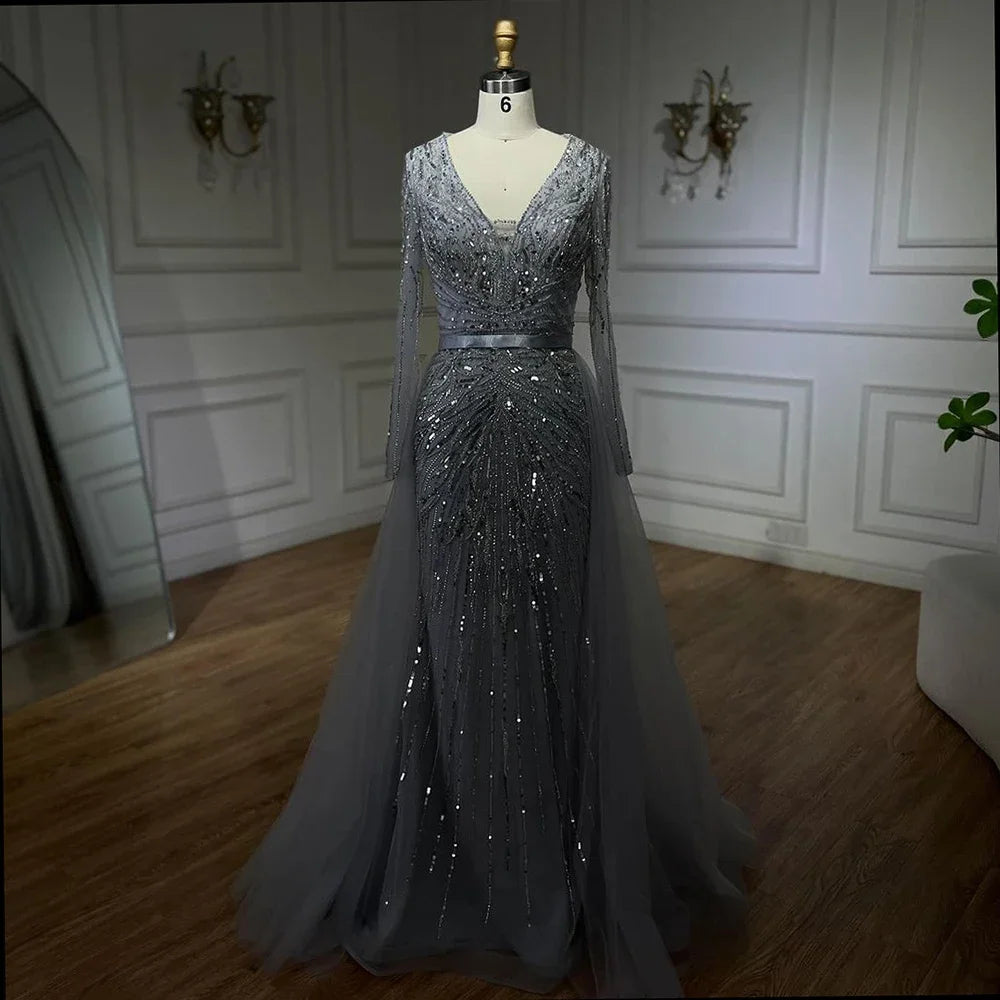 Custom Turquoise Mermaid Evening Dress Long Sleeve Beaded Gown