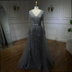 Custom Turquoise Mermaid Evening Dress Long Sleeve Beaded Gown