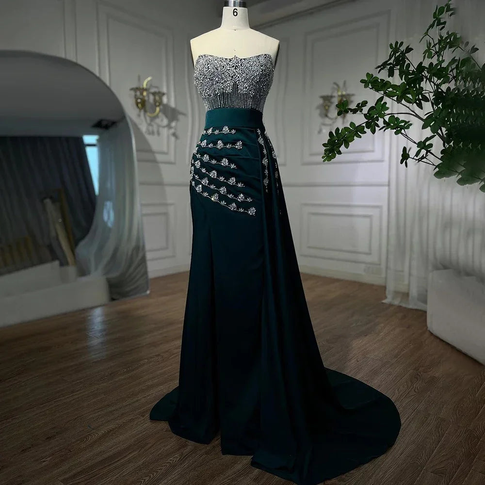 Customized Nude Strapless Mermaid Evening Dress With Beaded High Split Gown