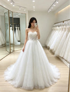 Ivory Lace Satin Corset Strapless Ball Gown Wedding Dress