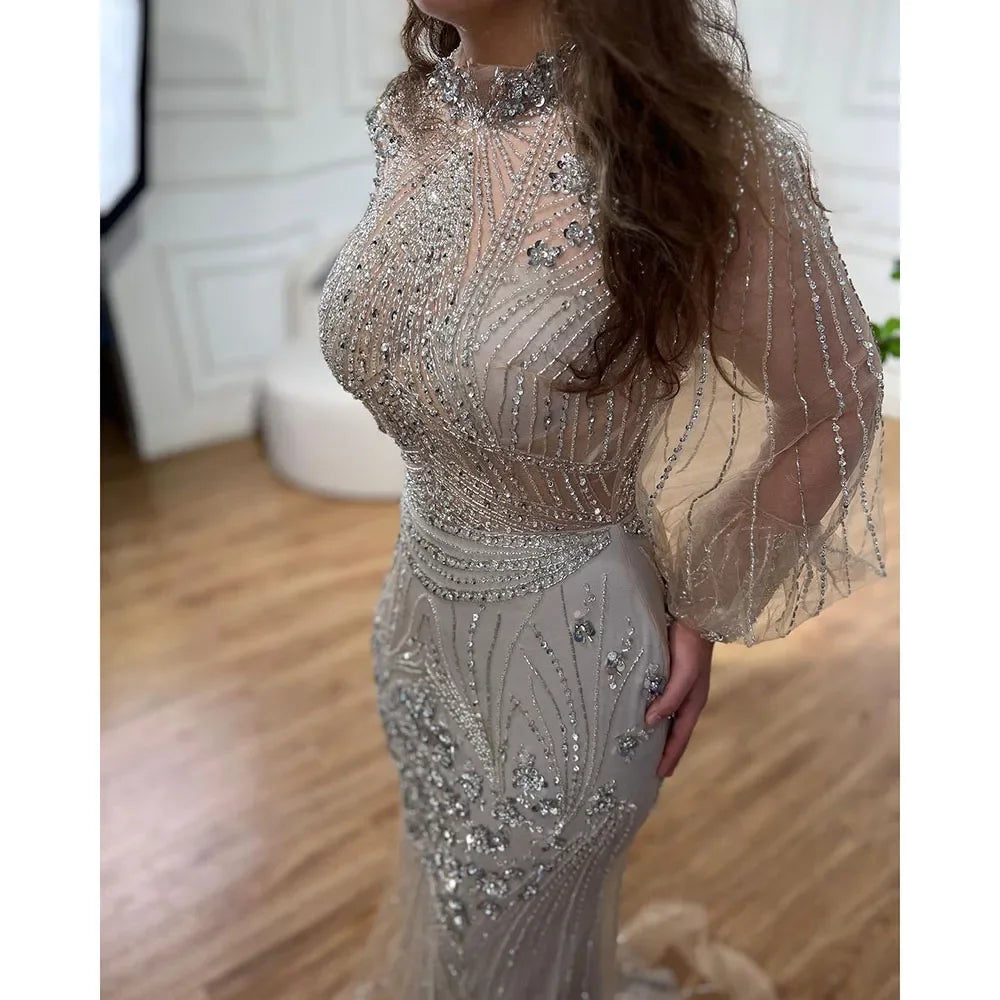 Custom Silver Beaded Mermaid Evening Dress With Full Sleeves For Women
