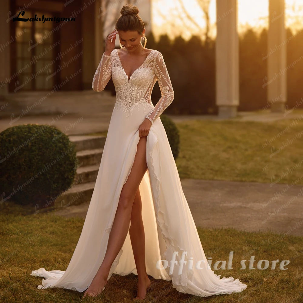 Lakshmigown Illusion Long Sleeve Chiffon A Line Custom Wedding Dress