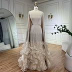 Champagne Mermaid Cape Sleeves Beaded Satin Evening Gown For Party Custom