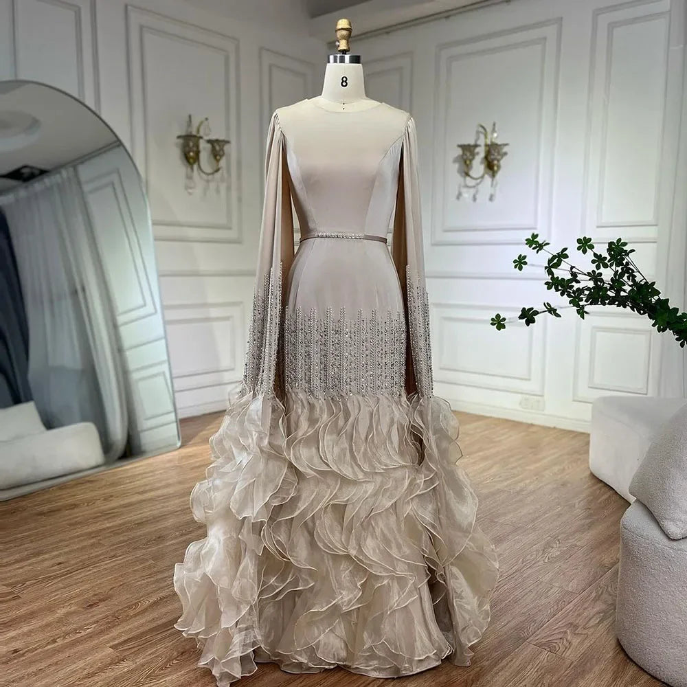 Champagne Mermaid Cape Sleeves Beaded Satin Evening Gown For Party Custom