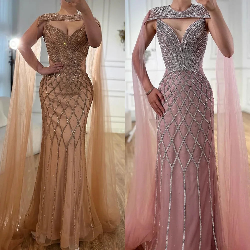 Luxury Nude Beaded Mermaid Evening Dress with Cape LA72814