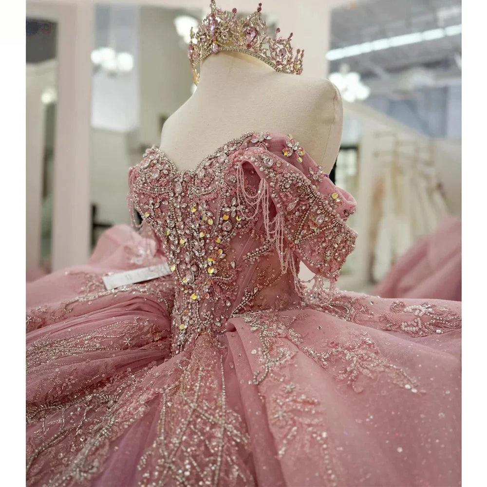 Pink Quinceanera Ball Gown Off Shoulder Beaded Appliques Sweet 16 Mexican Dress