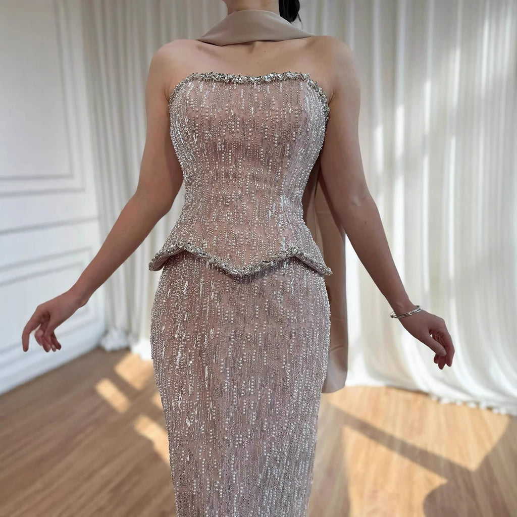 Luxury Beaded Strapless Peplum Evening Gown For Women Formal Wedding Dress