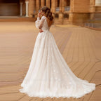 Boho Lace A Line Wedding Dress With Puff Sleeves Tulle Plus Size