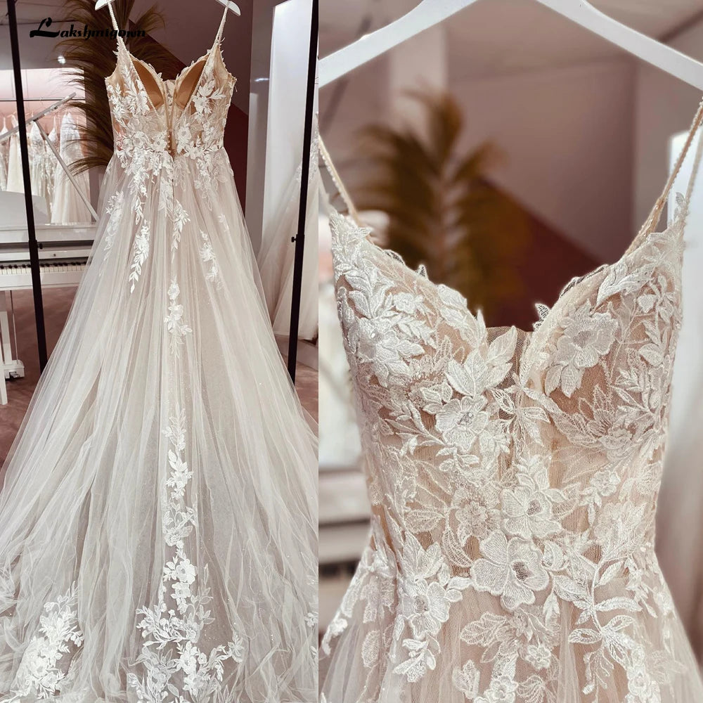 Custom Made Spaghetti Strap Lace Wedding Dress Bohemian Open Back Bridal Gown