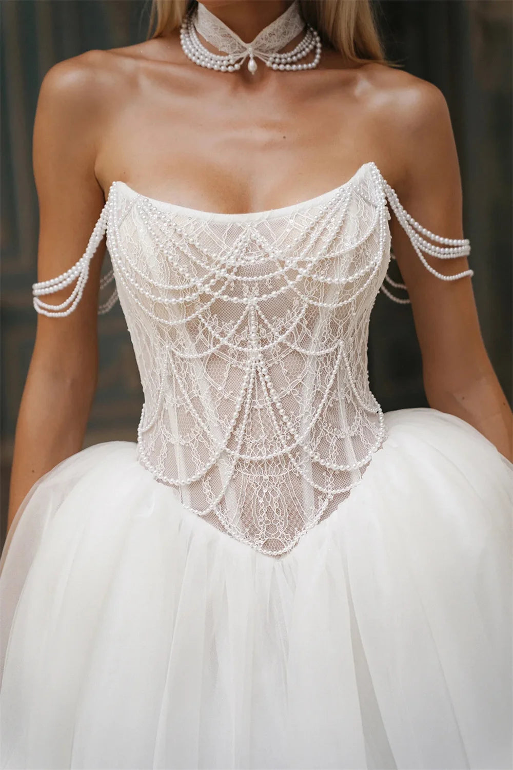 Custom White Off Shoulder Pearl Chain Wedding Dress With Lace Up Court Train