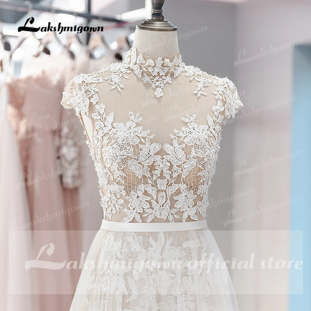 Custom Made Bohemian Wedding Dress Vintage Lace Beaded High Neck Tulle Gown