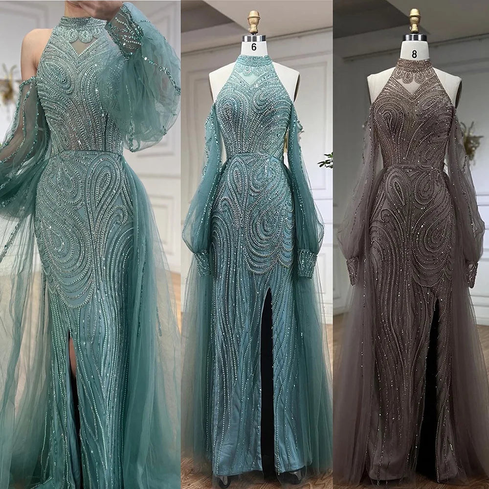 Serene Hill Customized Turquoise Mermaid Beaded Evening Dress Women Wedding