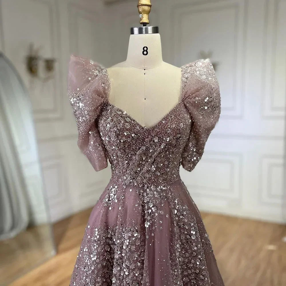 Customized Pink A Line Beaded Evening Dress For Wedding Party Women