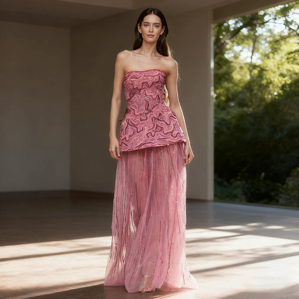 Serene Hill Pink Strapless A Line Two Piece Evening Gown Custom Made