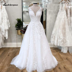 Custom V Neck Floral Lace Beach Wedding A Line Bridal Gown