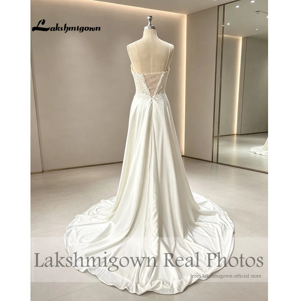 Custom Boho Lace Beach Wedding Dress For Women With Beaded Spaghetti Straps