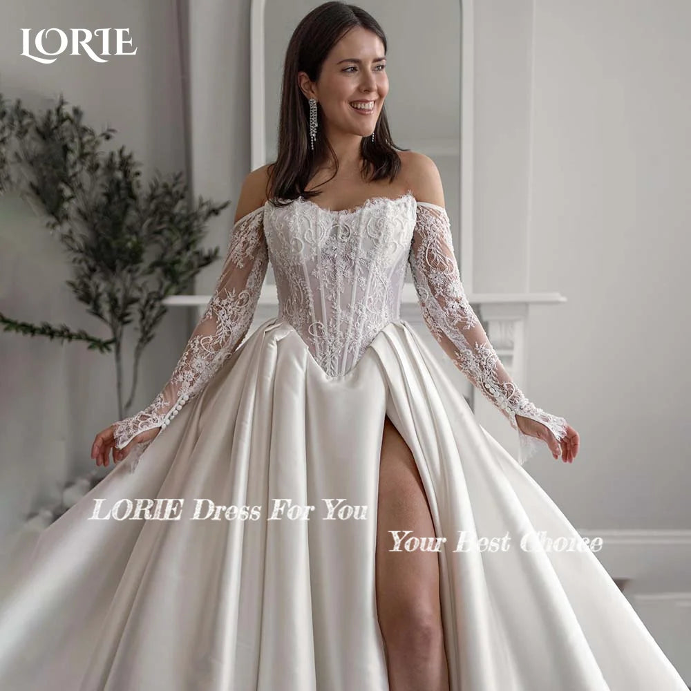 Lorie Lace Wedding Dress A-Line Sweetheart Long Sleeve Applique Corset Bridal