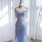 Luxury Dubai Beaded Blue Pink Evening Dress with Tassel Cape LA72897B