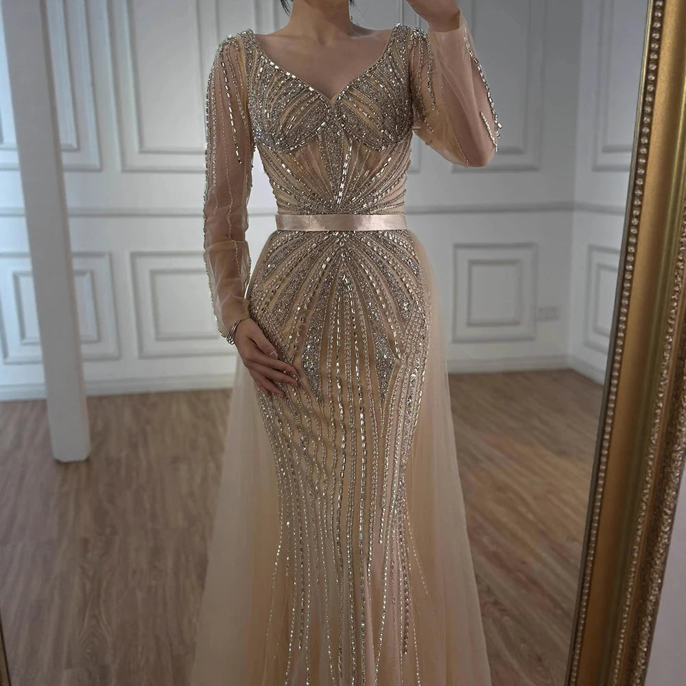 Pink V Neck Long Sleeve Beaded Evening Dress With Detachable Overskirt