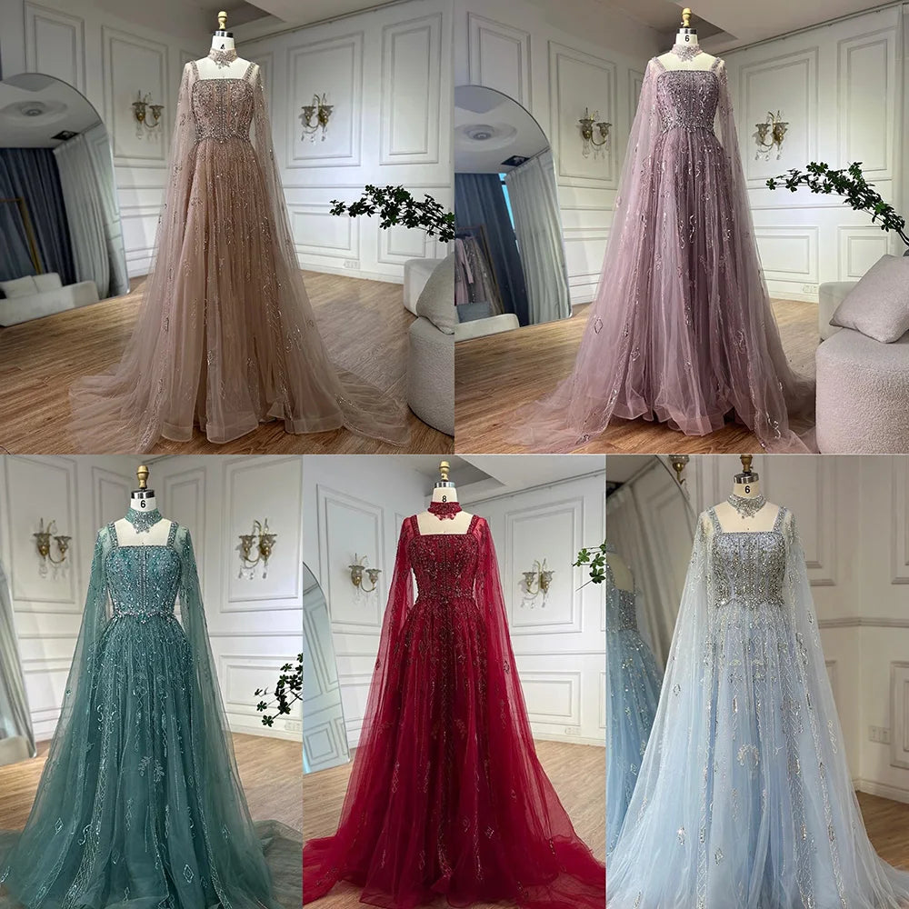 Custom Wine Red Cape Sleeves Beaded Evening Dress Women Formal A Line Gown