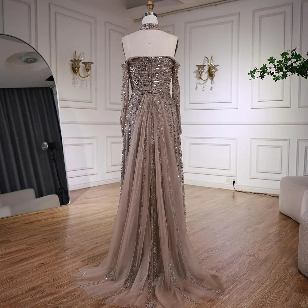Caramel Beaded Off Shoulder Evening Dress With Long Sleeves For Party
