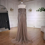 Caramel Beaded Off Shoulder Evening Dress With Long Sleeves For Party