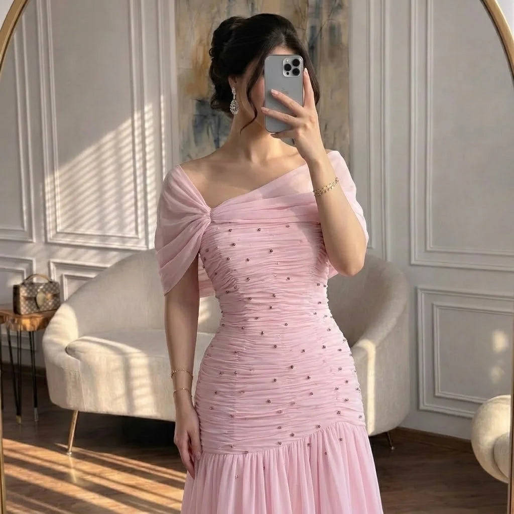 Serene Hill Pink Chiffon Mermaid Evening Gowns 2026 Elegant Mermaid Off-Shoulder Pleated Ruched Prom Dresses LA73347 Customized