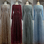 Wine Red Long Sleeve Muslim Evening Dress Beaded Pearl Plus Size Party Gown