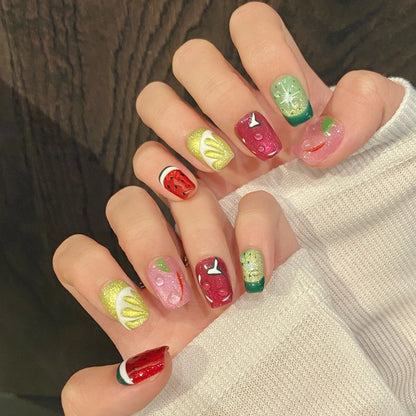 10 uñas postizas de verano con diseño de frutas y purpurina, hechas a mano, con diseño de ojo de gato, estilo hawaiano, con dopamina. 