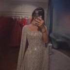 Luxury Beaded Evening Gown Cape Sleeve Square Neck Custom Muslim Wedding Dress