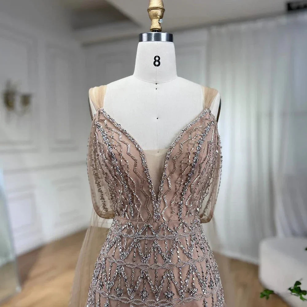 Customized Nude A Line Midi Prom Dress Glitter Beaded Evening Party Gown