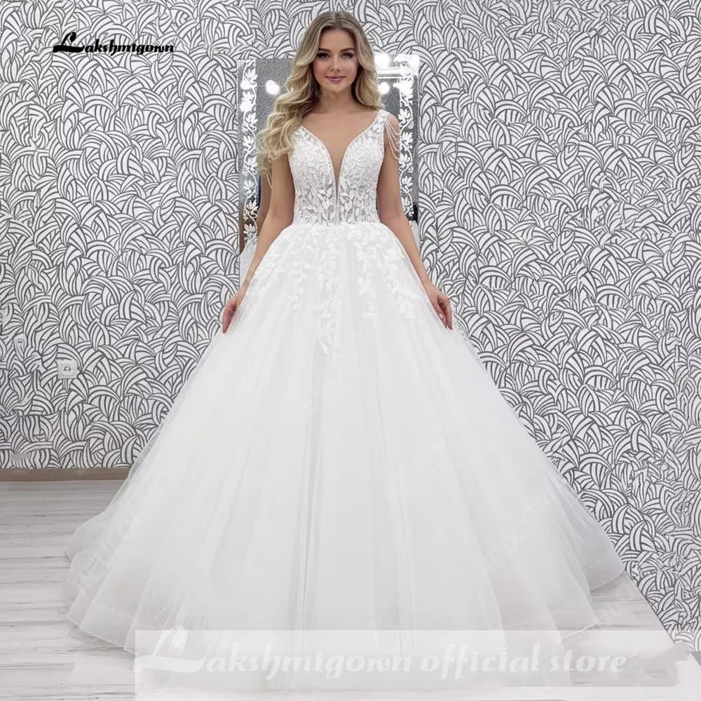 Lakshmigown Custom Beaded V Neck Wedding Dress With Tassel And Lace Up Back
