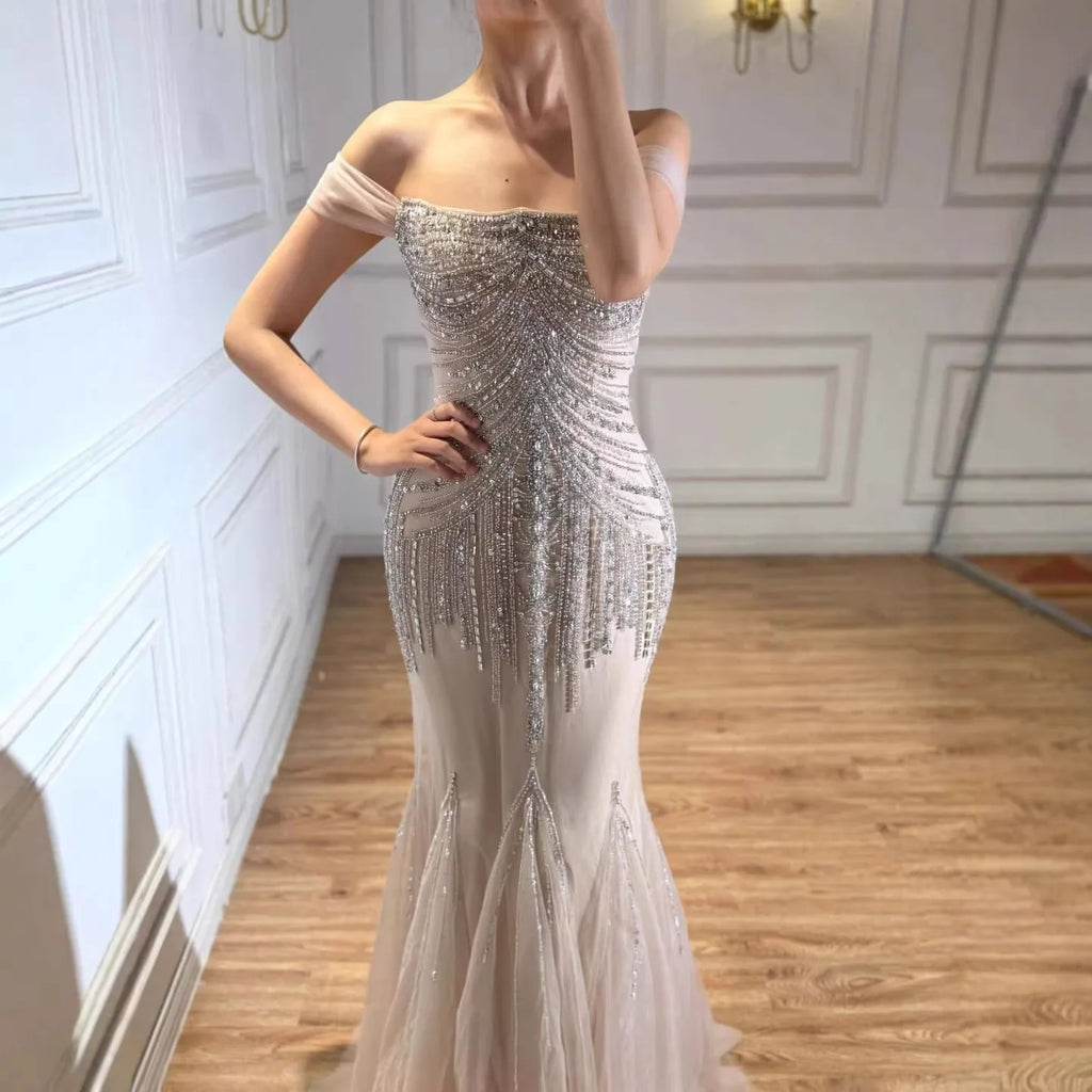 Custom Nude Off Shoulder Mermaid Beaded Evening Gown For Women