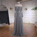 Caramel Beaded Off Shoulder Evening Dress With Long Sleeves For Party