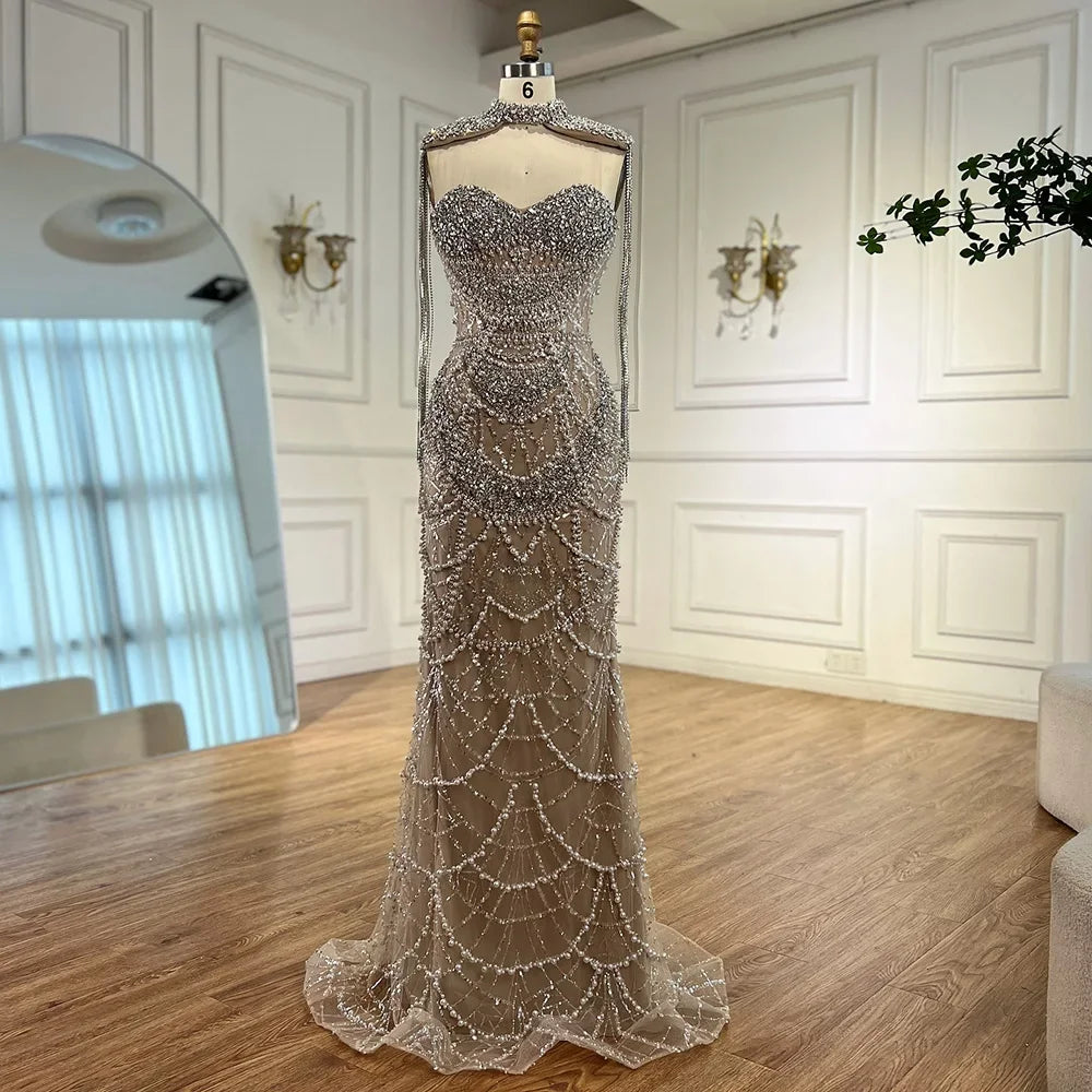 Nude Strapless Mermaid Beaded Pearl Evening Party Dress With Tassel