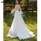 Custom V Neck Lace Wedding Dress Boho Beach Bridal Gown With Puff Sleeves