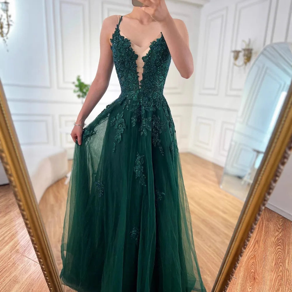 Luxury Sage Green Lace A-Line Prom Dress with Spaghetti Straps LA73005