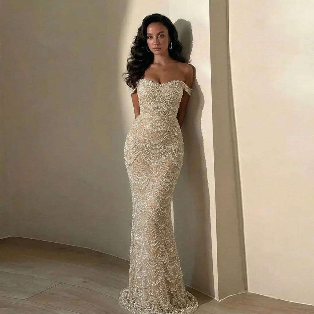 Serene Hill Pearl Beaded Mermaid Off Shoulder Formal Evening Dress