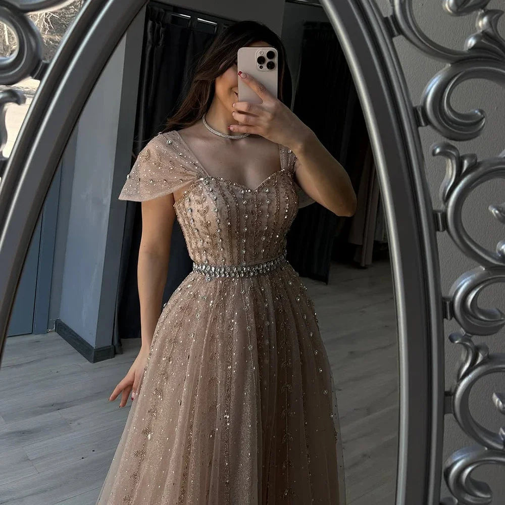 Serene Hill 2025 Custom Nude Beaded A Line Backless Evening Wedding Dress