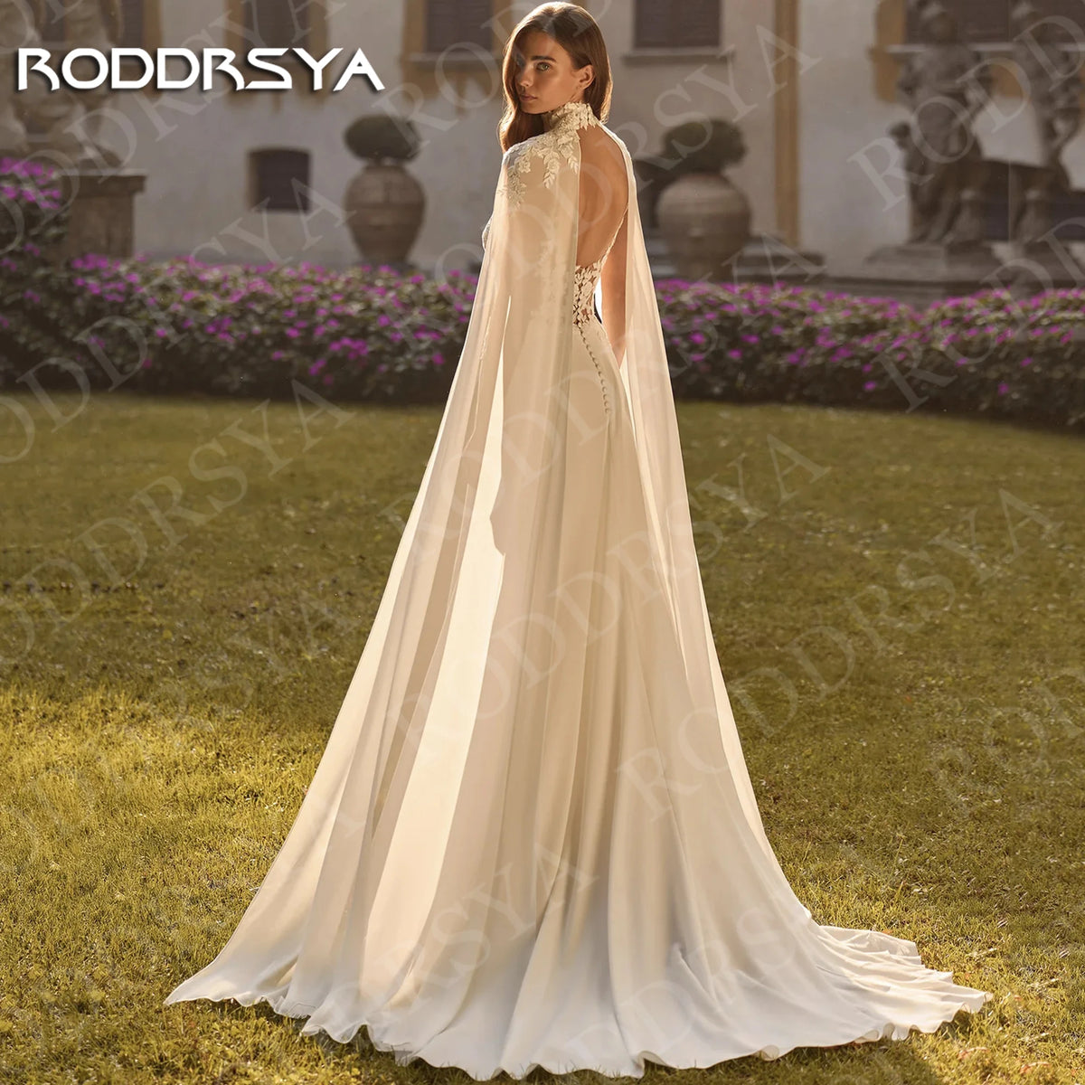 Boho Wedding Dress A Line Lace V Neck With Detachable Cape Custom Bridal Gown