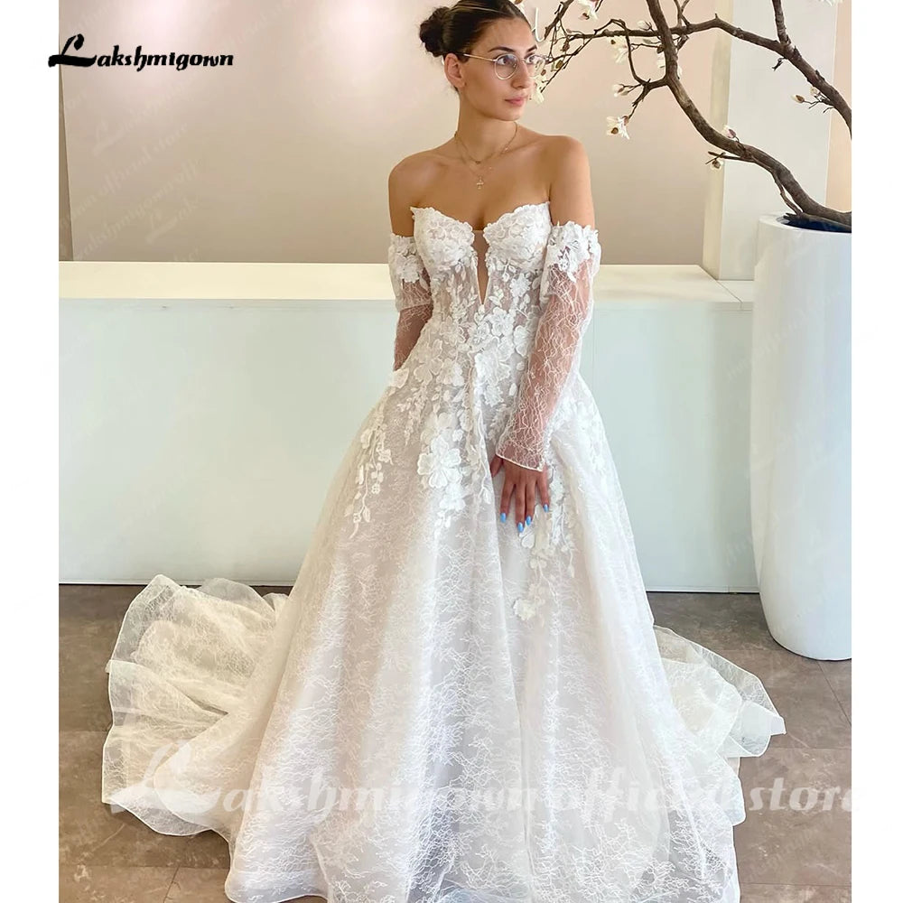 Custom Off The Shoulder A Line Lace Wedding Dress With Removable Sleeves