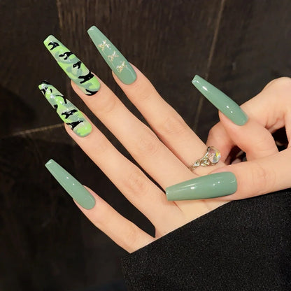 10 parches de uñas postizas largas color verde militar, estilo bailarina, para primavera y verano, fáciles de usar, hechos a mano, con cobertura completa, para manicura artística. 