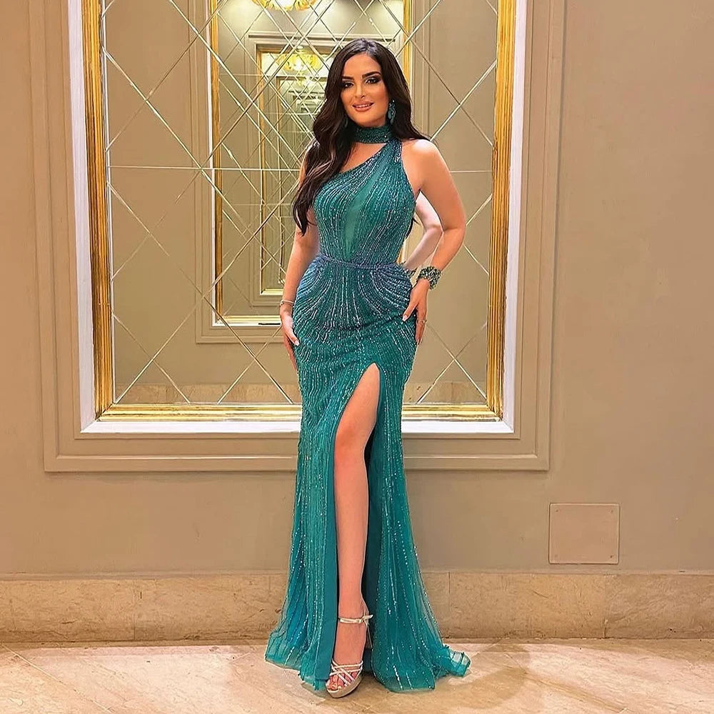 Green Halter Beaded Mermaid Evening Gown With High Split Custom Made For Women