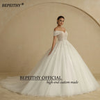Customized Plus Size Off Shoulder Glitter Princess Ball Wedding Dress