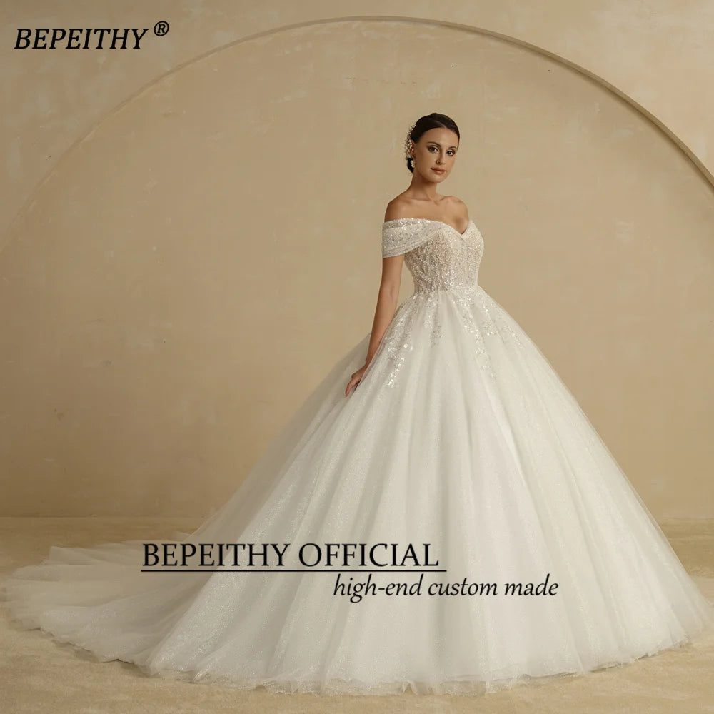Customized Plus Size Off Shoulder Glitter Princess Ball Wedding Dress